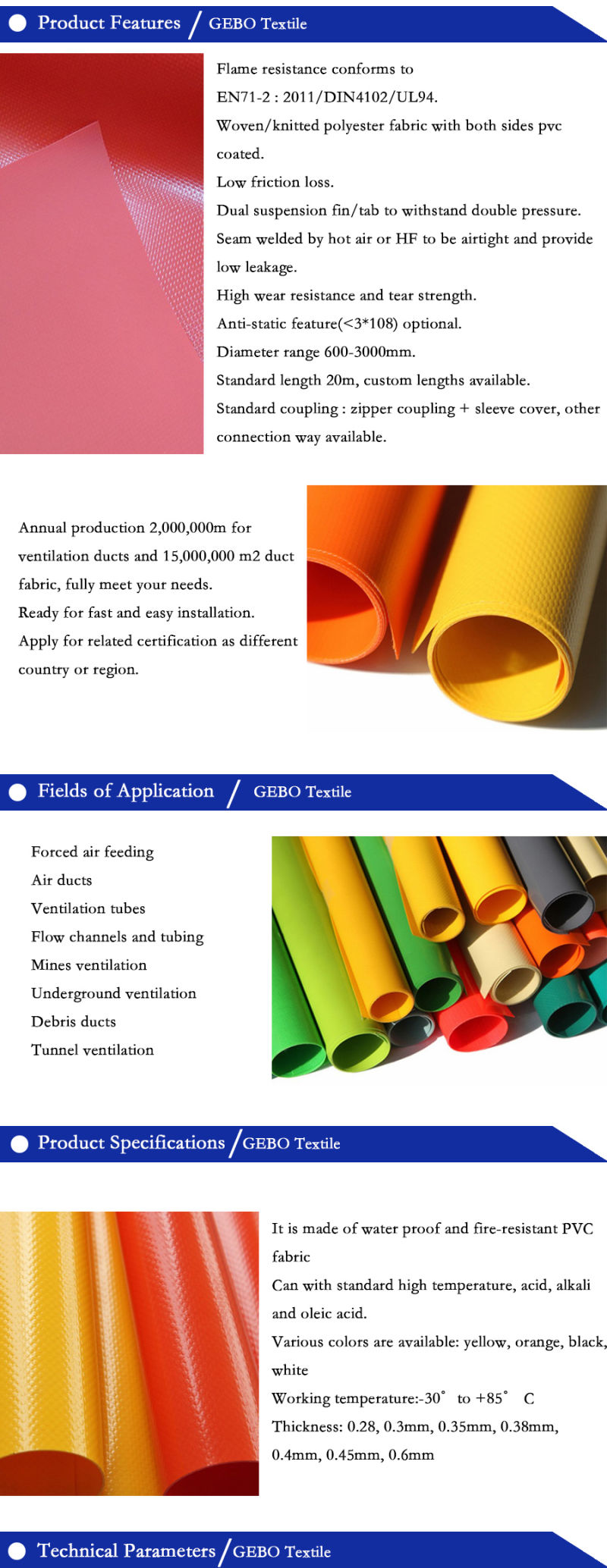 High Strength Mine Ducting Fabric PVC Coated Air Ducts Fabric