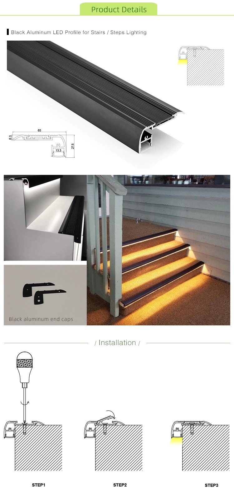 Alu-Tw6528 Staircase Aluminum LED Channel Black Anodized LED Aluminium Profile for Stair Mounted