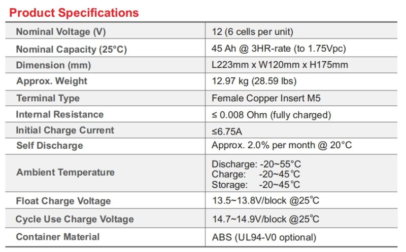 12V 45ah VRLA AGM Gel Battery for Electric Vehicles.