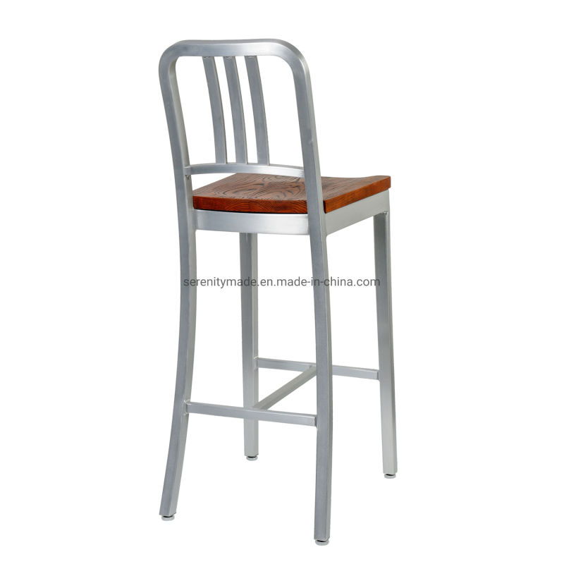 Brushed Outdoor Aluminium Navy Bar Stool with Wooden Seat