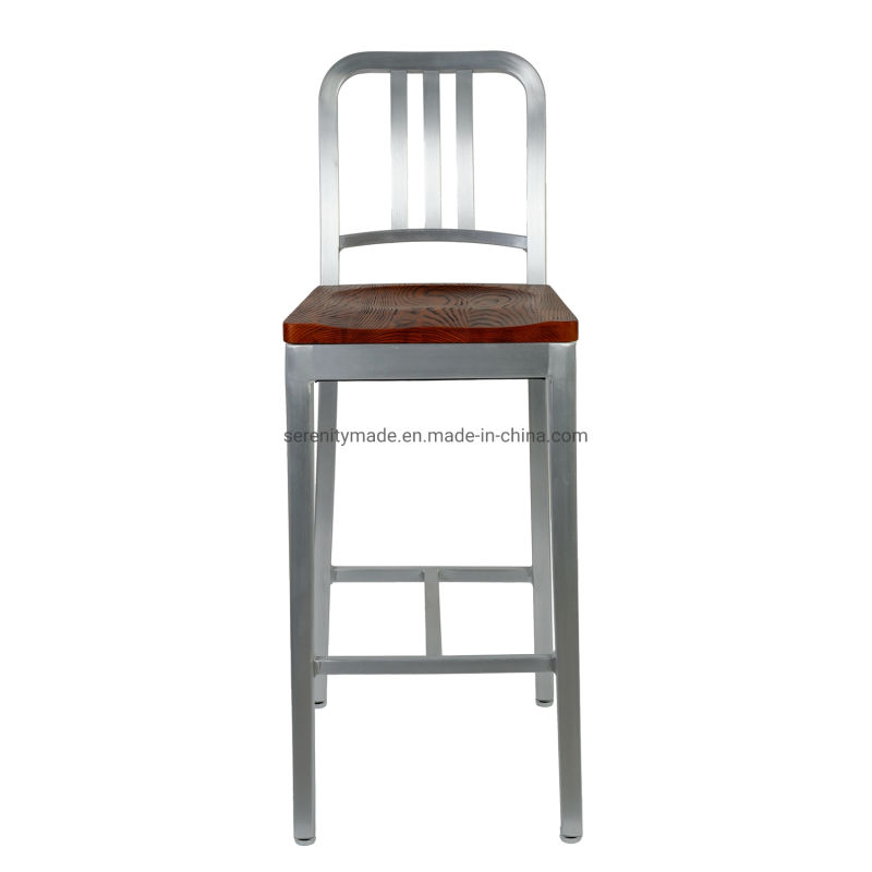 Brushed Outdoor Aluminium Navy Bar Stool with Wooden Seat