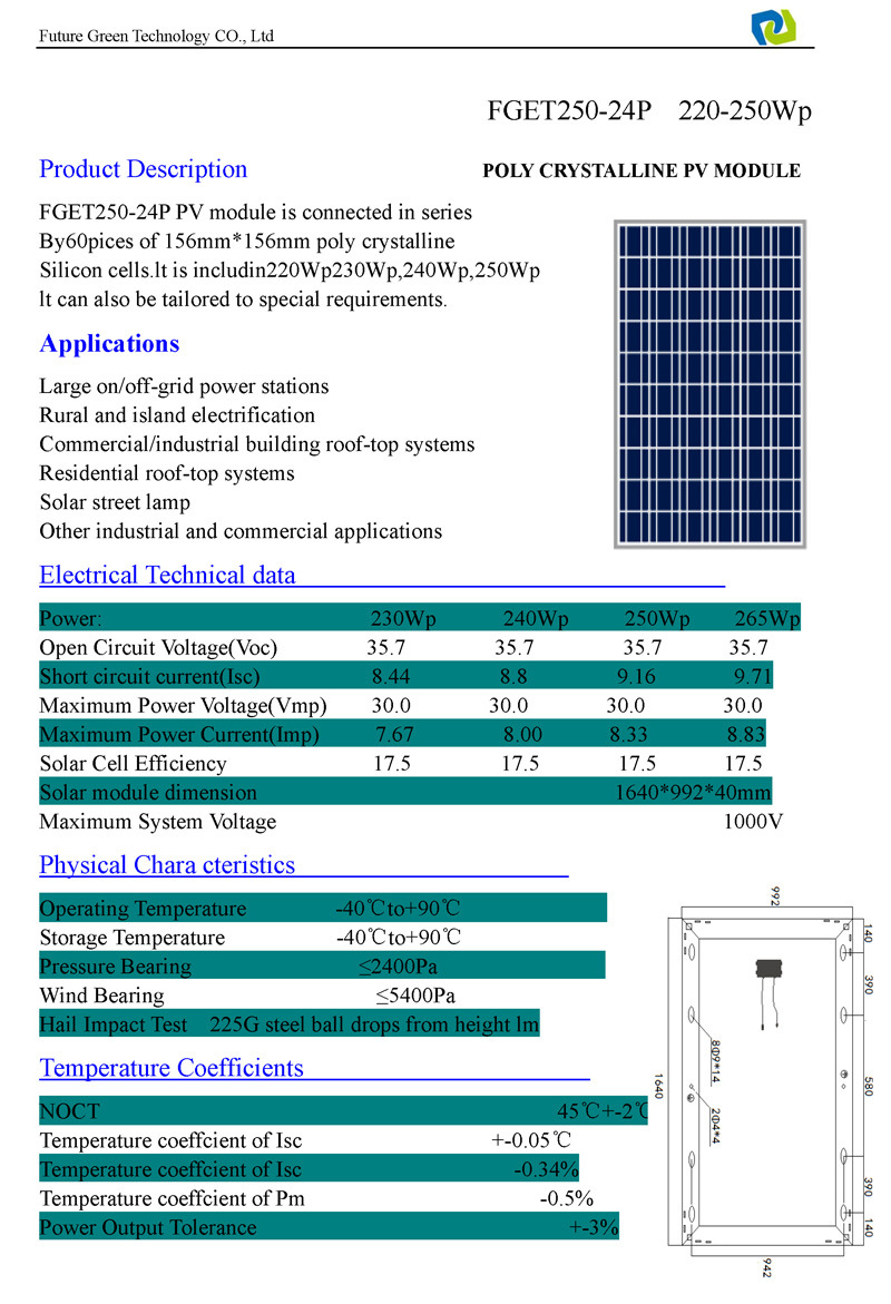 230W off Grid Power Solar Photovoltaic Module