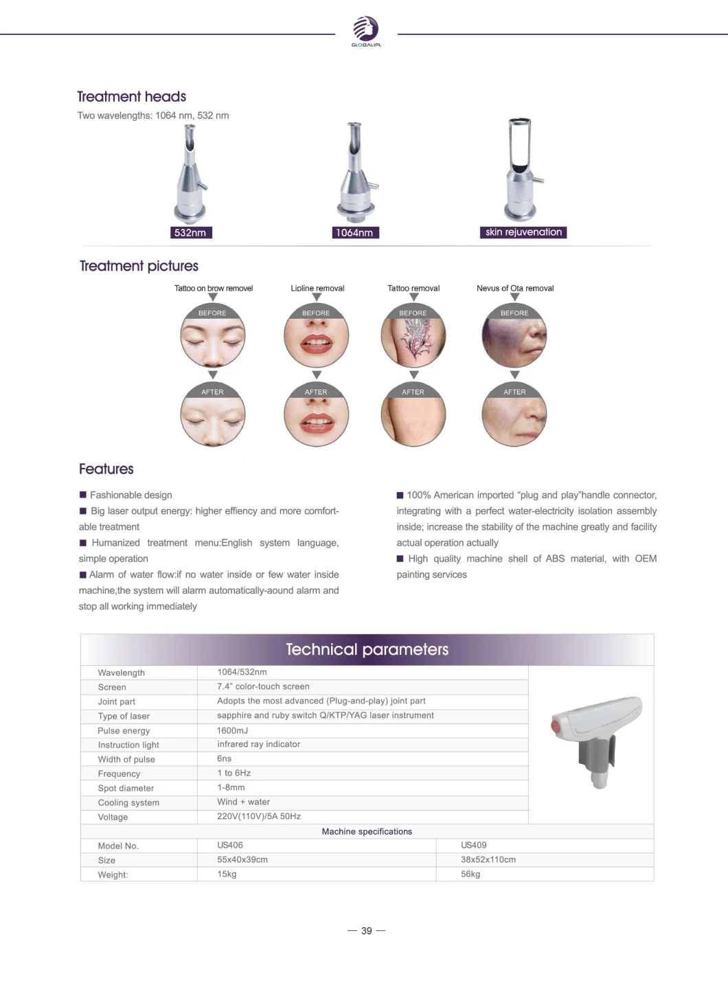 Laser Pigment Therapy / Q Switch ND YAG Laser Tattoo Removal Equipment