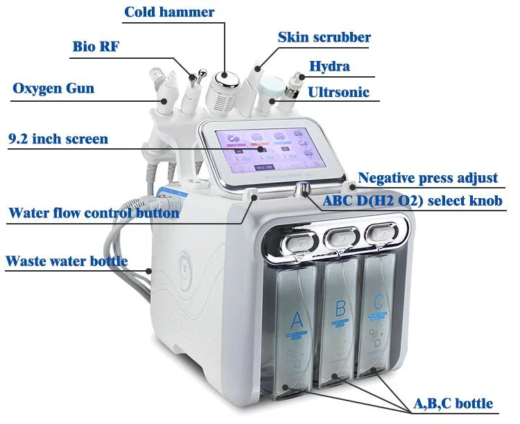 6 in 1 Hydra Dermabrasion H2O2 Ultrasonic Cryo Face Lift Oxygen Peeling Facial Machine
