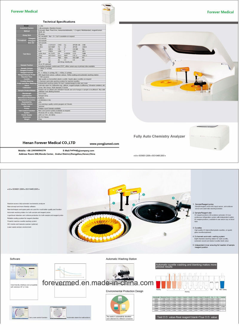 Laboratory Equipment Full Auto 250 Test/H Chemistry Analyzer for Hospital