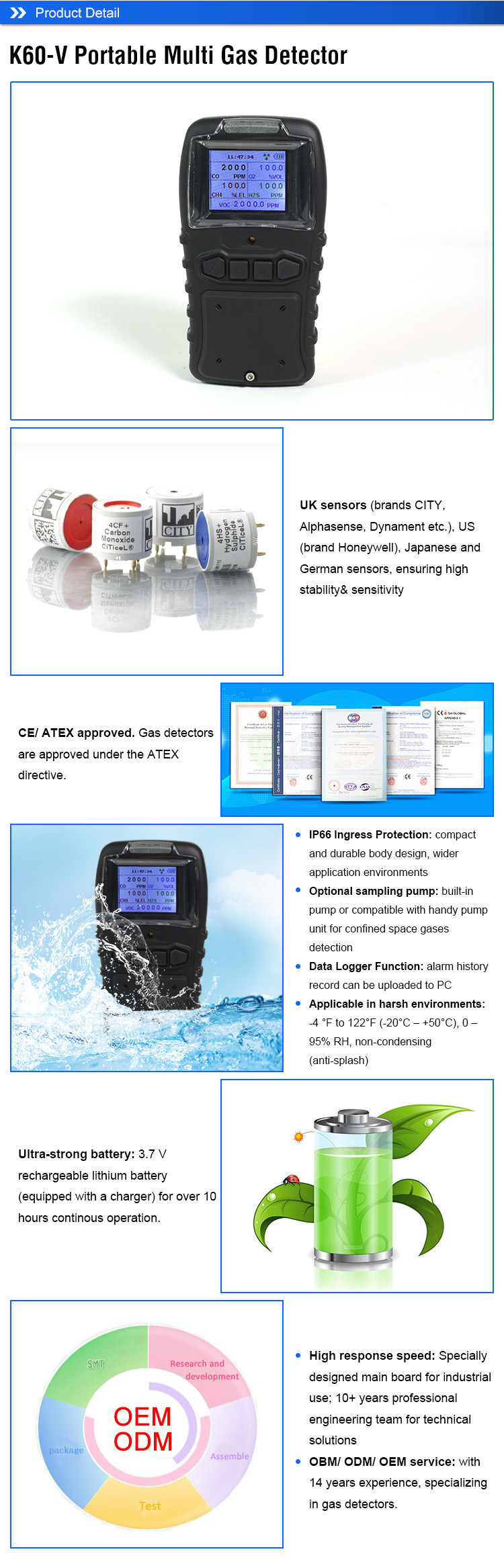 O2, CH4, H2s, Co Multi Gas Detector Portable Gas Analyzer