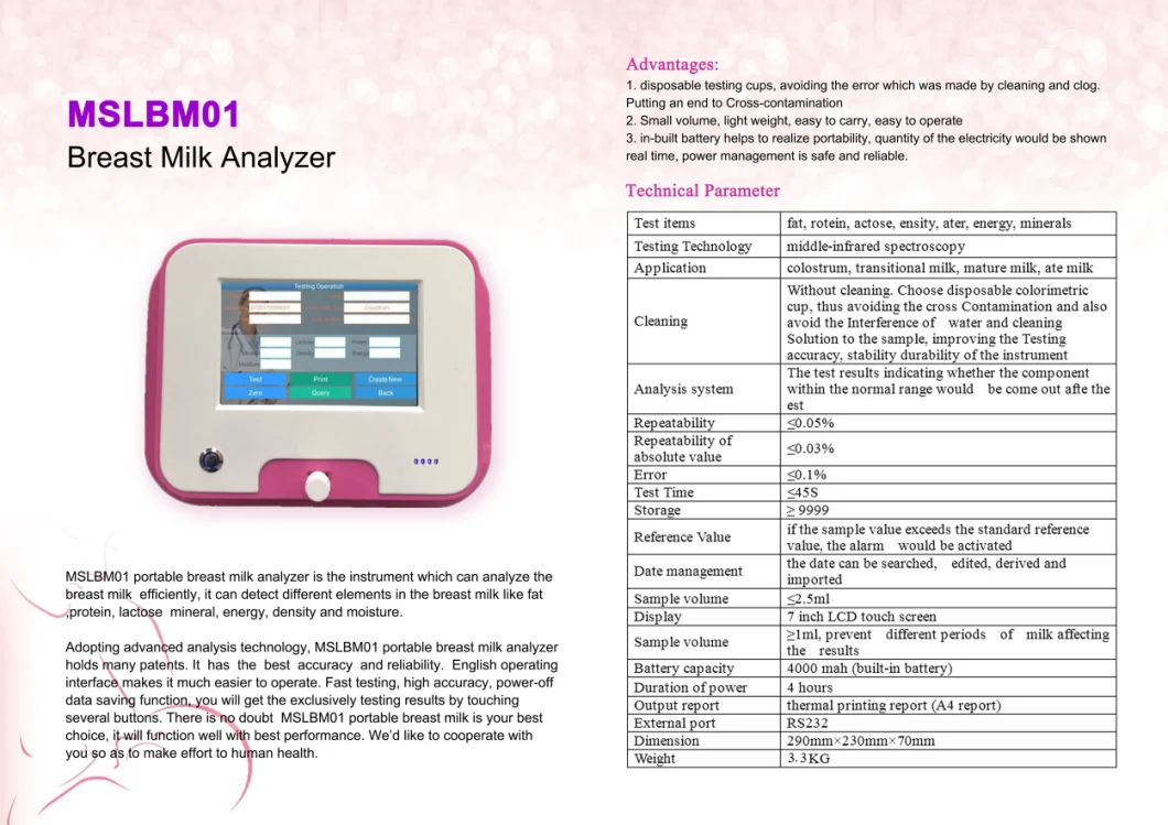 Mslbm01 Portable Fast Testing Breast Milk Analyzer / High Accuracy Mother Breast Milk Analyzer Price