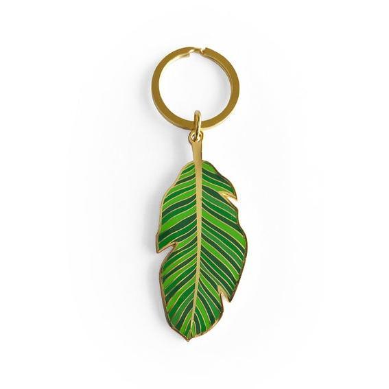 Stamped Rose Metal Leaf Keychain Enamel Gold Brass