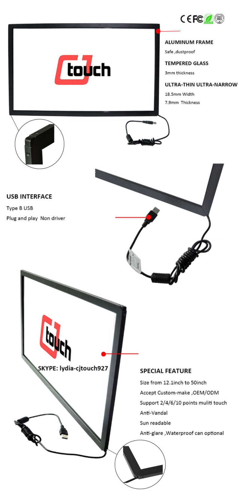 Cjtouch 23.6" IR Multi Touch Screen with Black Aluminum Alloy Brushed Frame