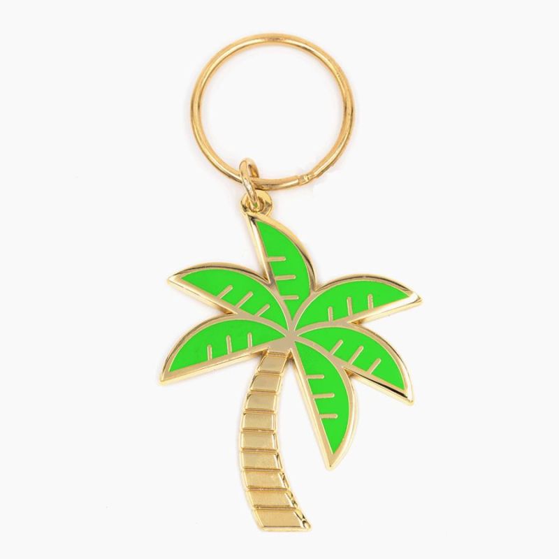 Stamped Rose Metal Leaf Keychain Enamel Gold Brass