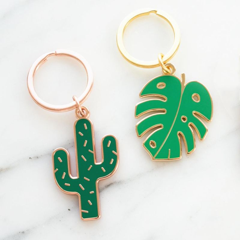 Stamped Rose Metal Leaf Keychain Enamel Gold Brass
