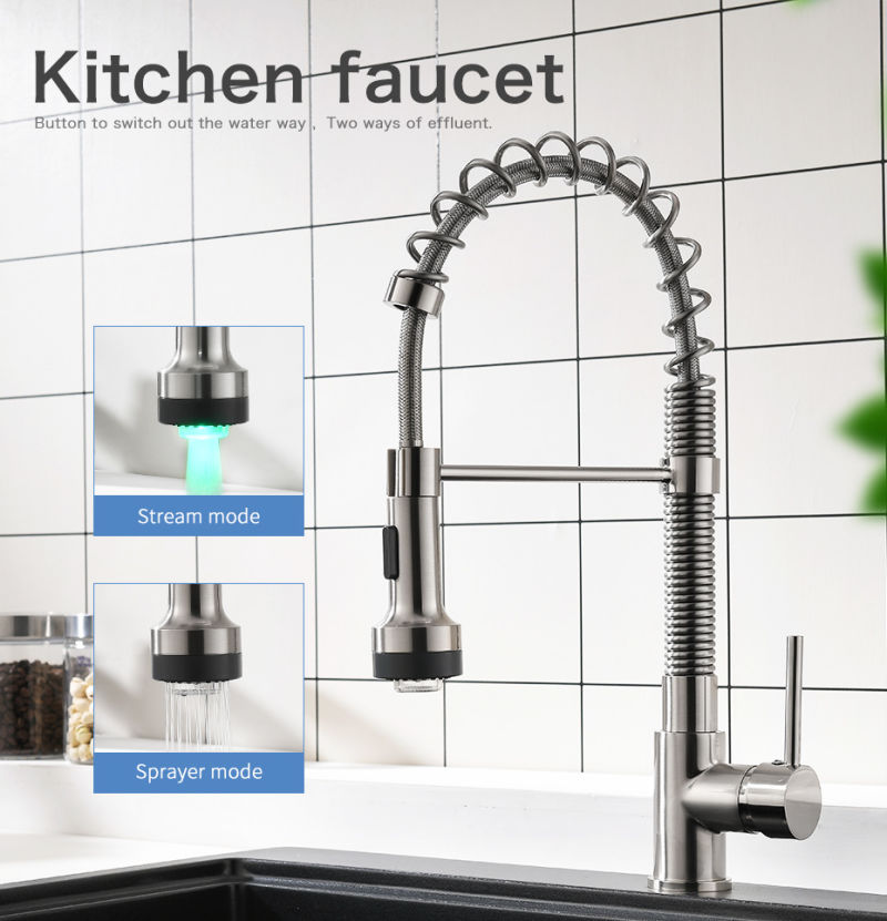 Flg Brass Tap Brushed Nickel Pull Down LED Kitchen Faucet
