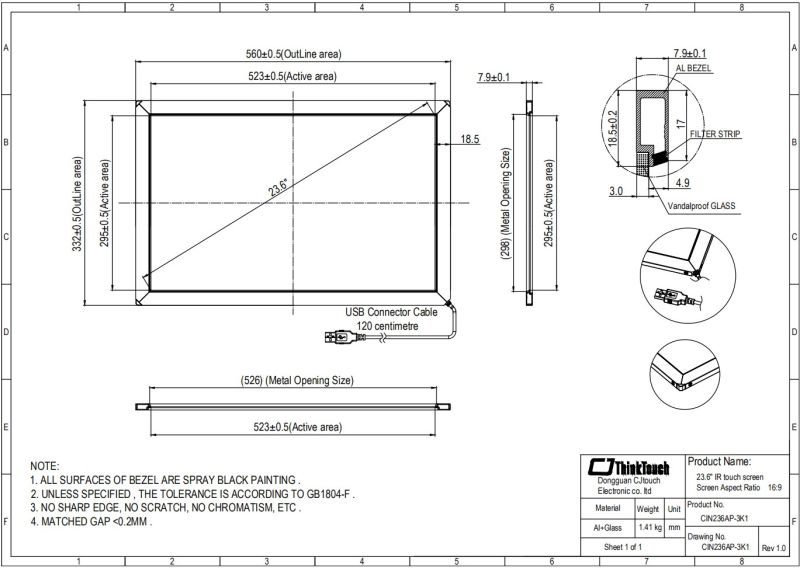 Cjtouch 23.6" IR Multi Touch Screen with Black Aluminum Alloy Brushed Frame