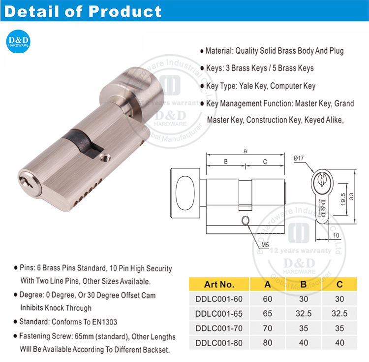 Euro Profile Brass Key and Thumb Turn Cylinder Lock