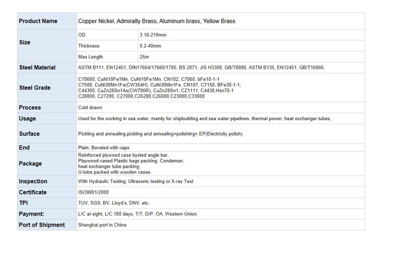 ASTM B111 C71500 En12451cw354h Seamless Copper-Nickel Cu-Ni Alloy Tube