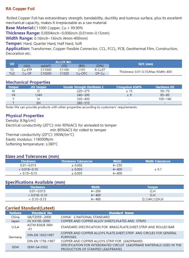 T2 - C1100 Ra Copper Foil Roll with Excellent Chemical Resistance