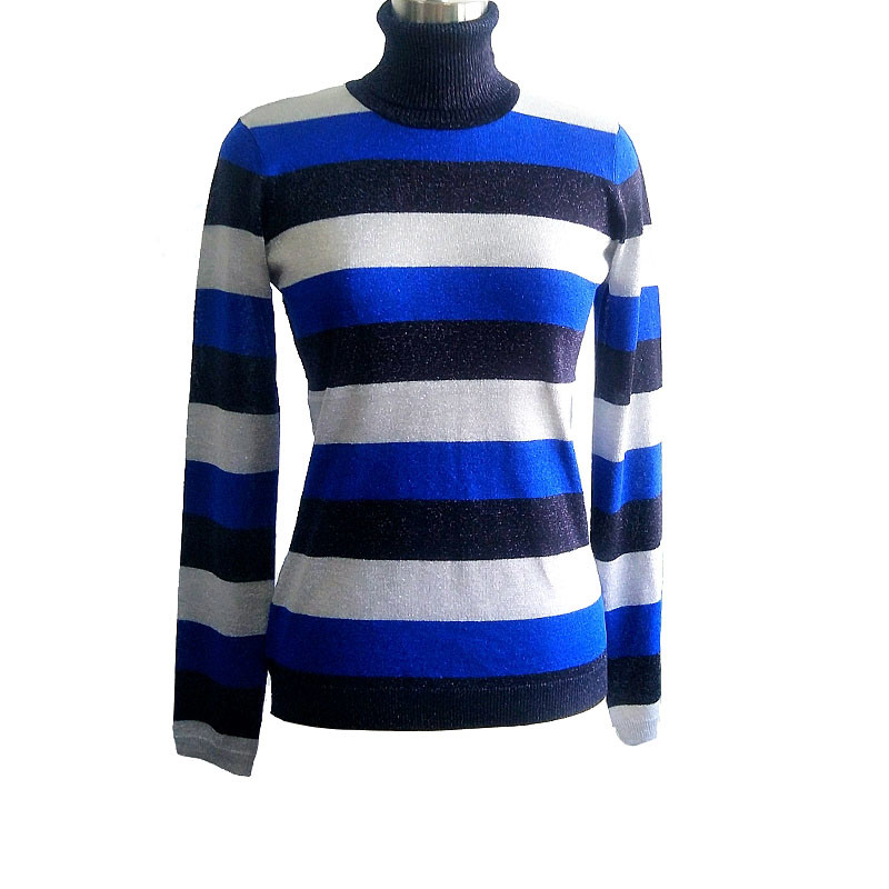 Women's Fit Style Turtleneck Pullover Long Sleeve Metallic Striped Sweater