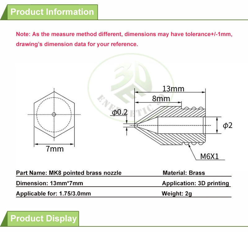 3D Printers Parts Mk7 Mk8 Nozzle 0.2 0.3 0.4 0.5 0.6 0.8 1.0mm Copper Extruder Threaded 1.75mm 3.0mm Filament Head Brass