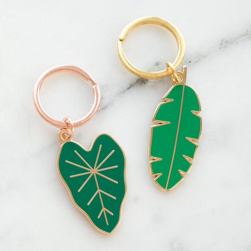 Stamped Rose Metal Leaf Keychain Enamel Gold Brass
