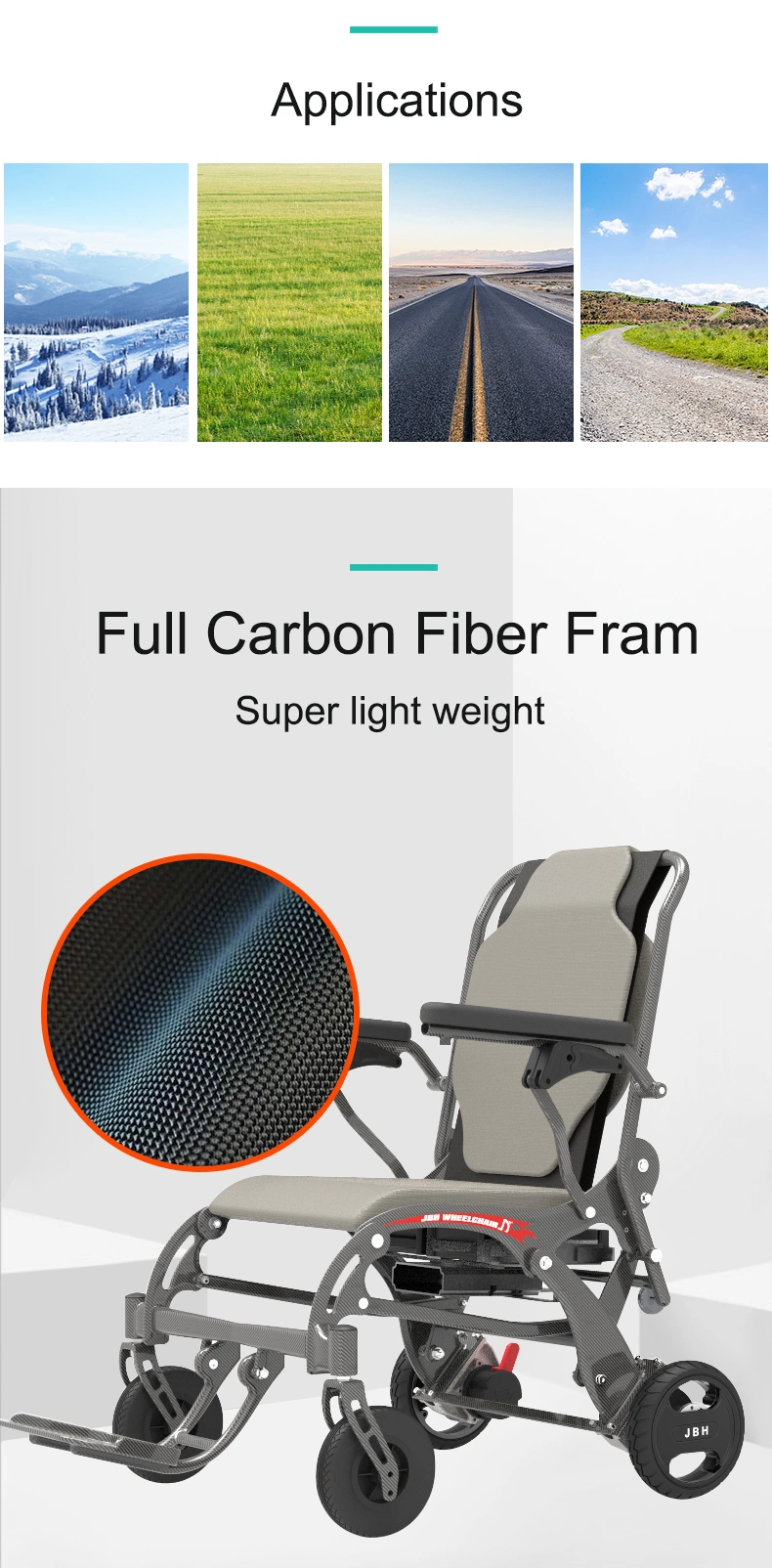 Jbh Factory Alta Capacidad de carga de fibra de carbono Elec Silla de ruedas plegable CE FDA