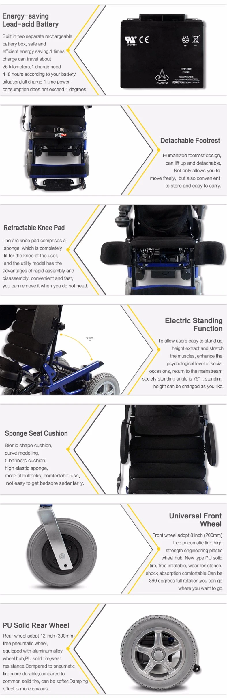 Rehabilitation Therapy Power Electric Standing Wheelchair for Disabled People