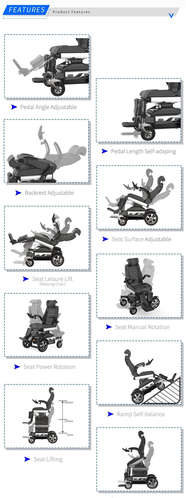 Sitting and Standing Assistance Elctric Motorized Wheelchair