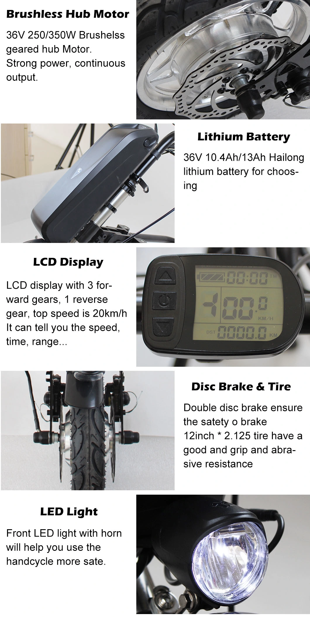 250W 350W 36V 12inch E Bike Handcycle Wheelchair for Disabled People