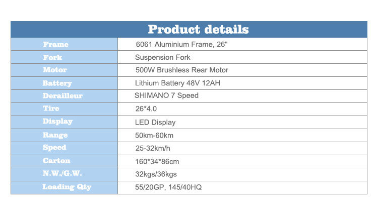 2020 New Style 500W Brushless Motor Mountain Fat Tire Electric Bikes