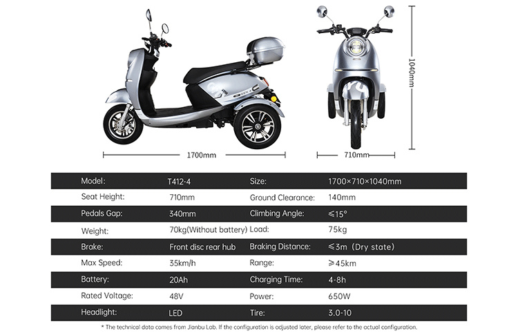 T412-4 Three Wheel Electric Scooter 3 Wheel Mobility Scooter with Seat