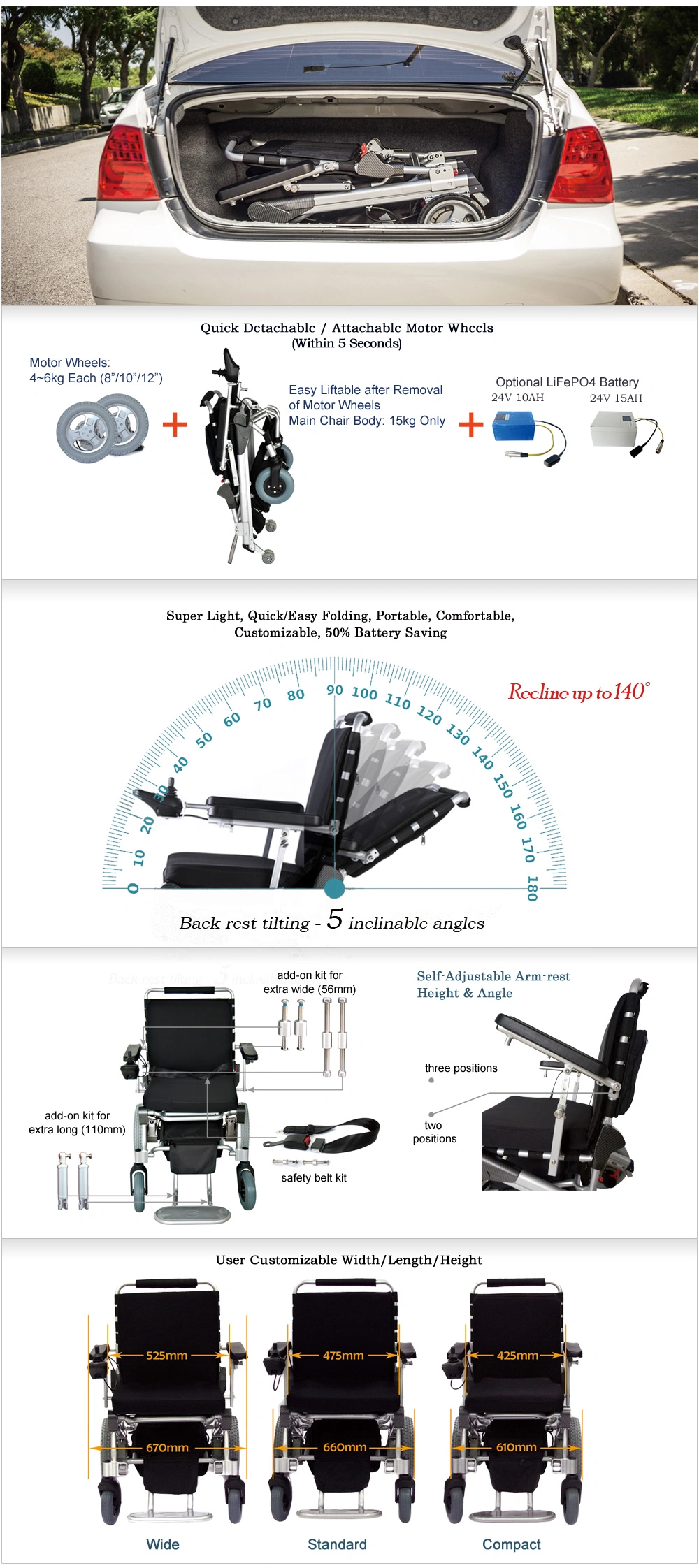 Ce 8inch 12inch Portable Electric Wheelchair for Disabled People