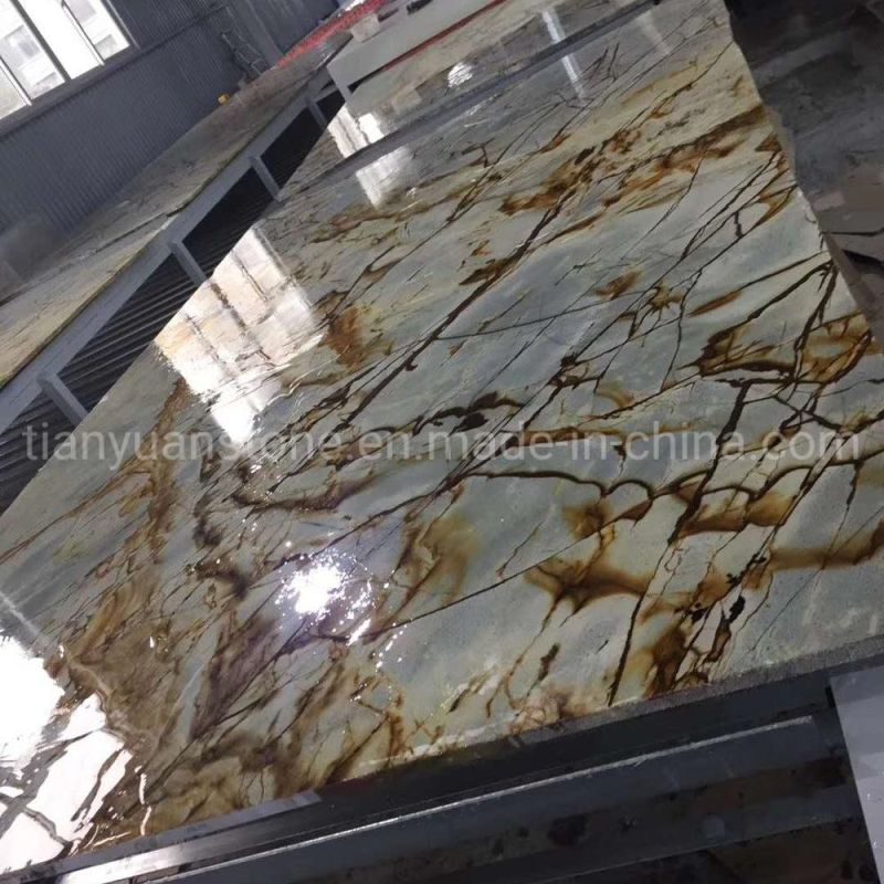 Luxury Exotic Granite/Marble Bookmatched Slabs Roman Blue Impression Quartzite Golden Veins