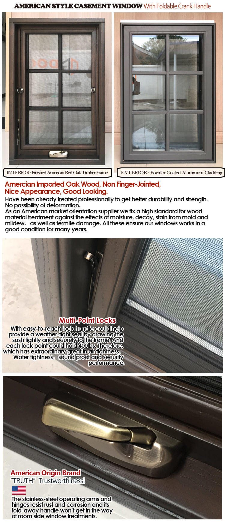 American Style Foldable Crank Handle Aluminum Clad Wood Casement Window