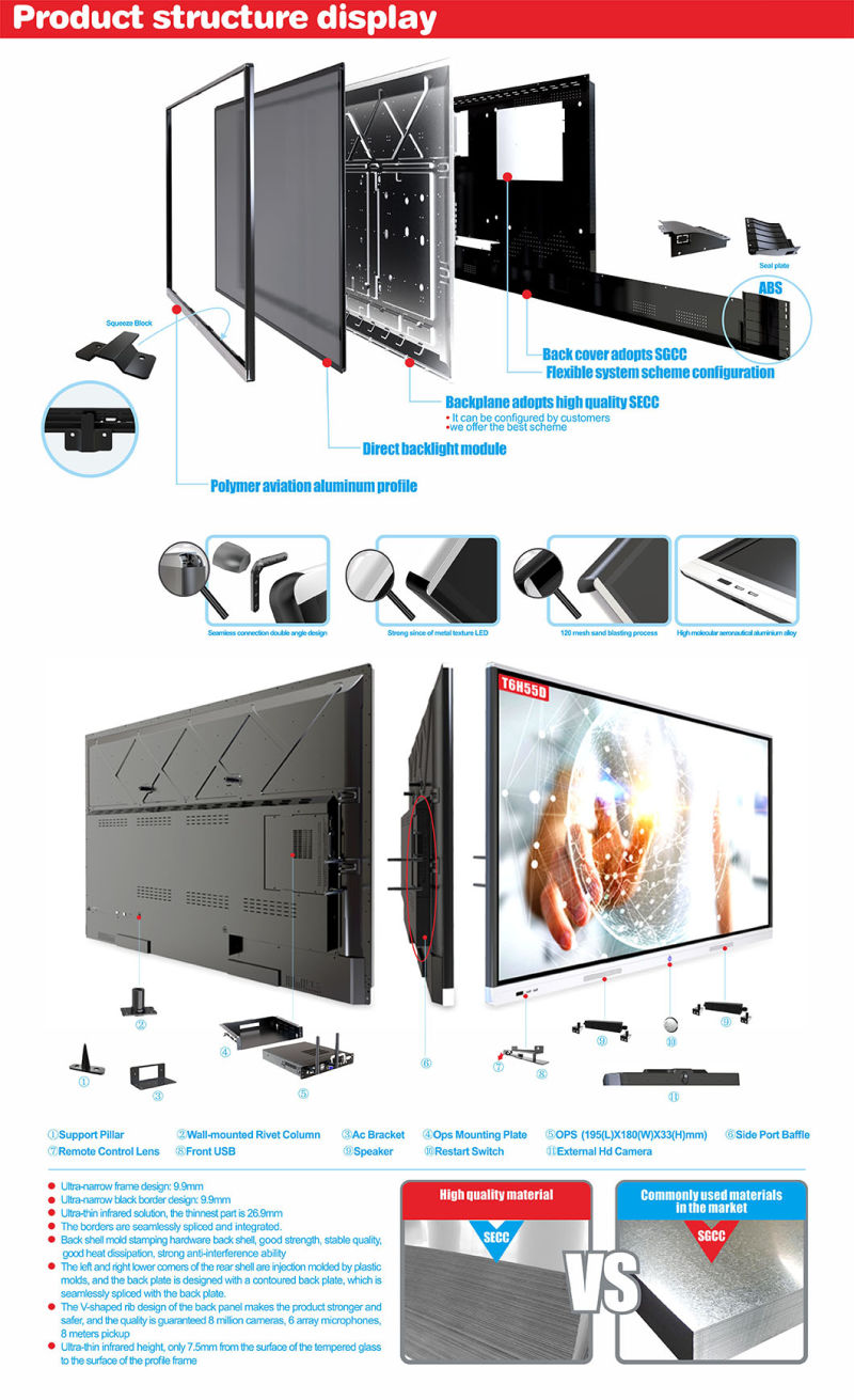 T6 Series Nesting 55 Inch SKD Android 8.0 Infrared Touch Screen Conference Interactive Flat Panel