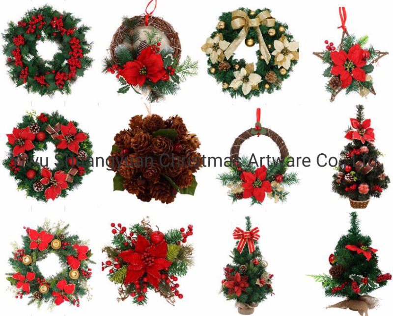 Green Mini Christmas Tree Decorated with Green Leaf Red Berries Pinecone