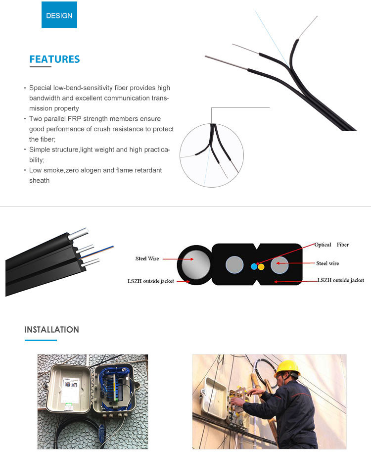 1, 2, 4 Cores Singlemode G657A1/A2 Fibre Optic Network FTTH Drop Cable G657A Fiber