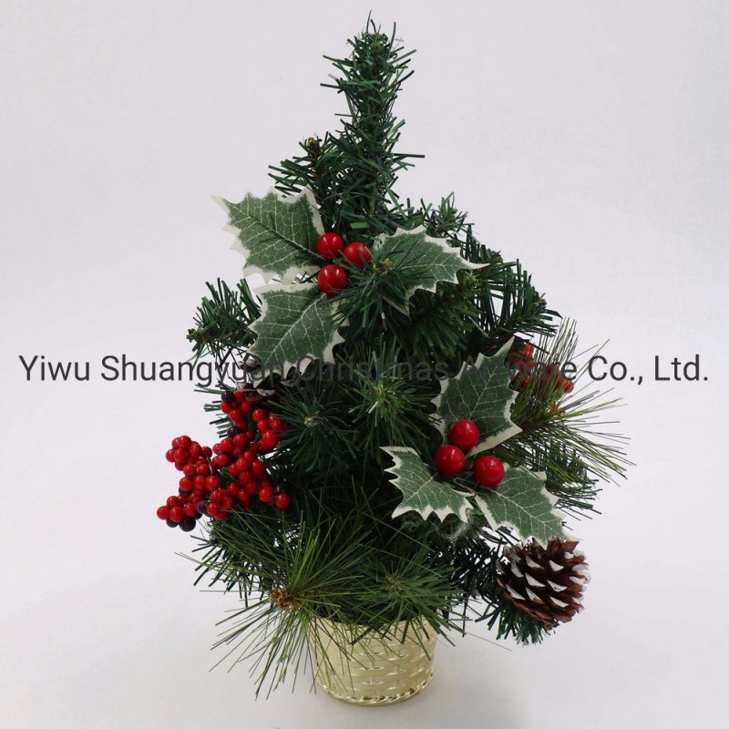 Green Mini Christmas Tree Decorated with Green Leaf Red Berries Pinecone