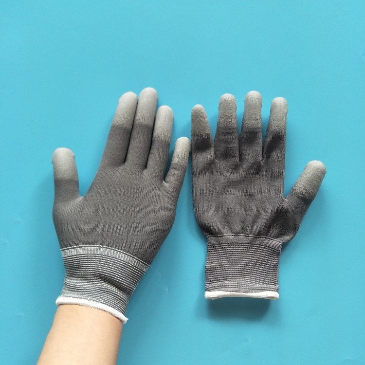 Polyester/Nylon Work Gloves with PU Top Finger Coated Labor Gloves for Sale