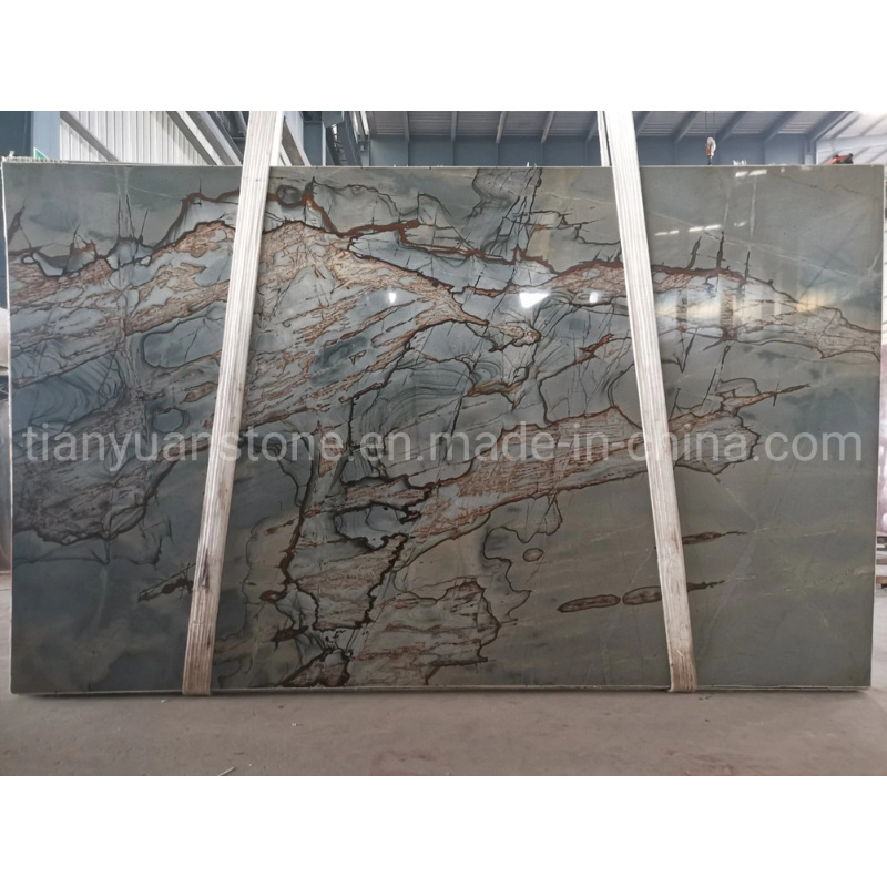 Luxury Exotic Granite/Marble Bookmatched Slabs Roman Blue Impression Quartzite Golden Veins