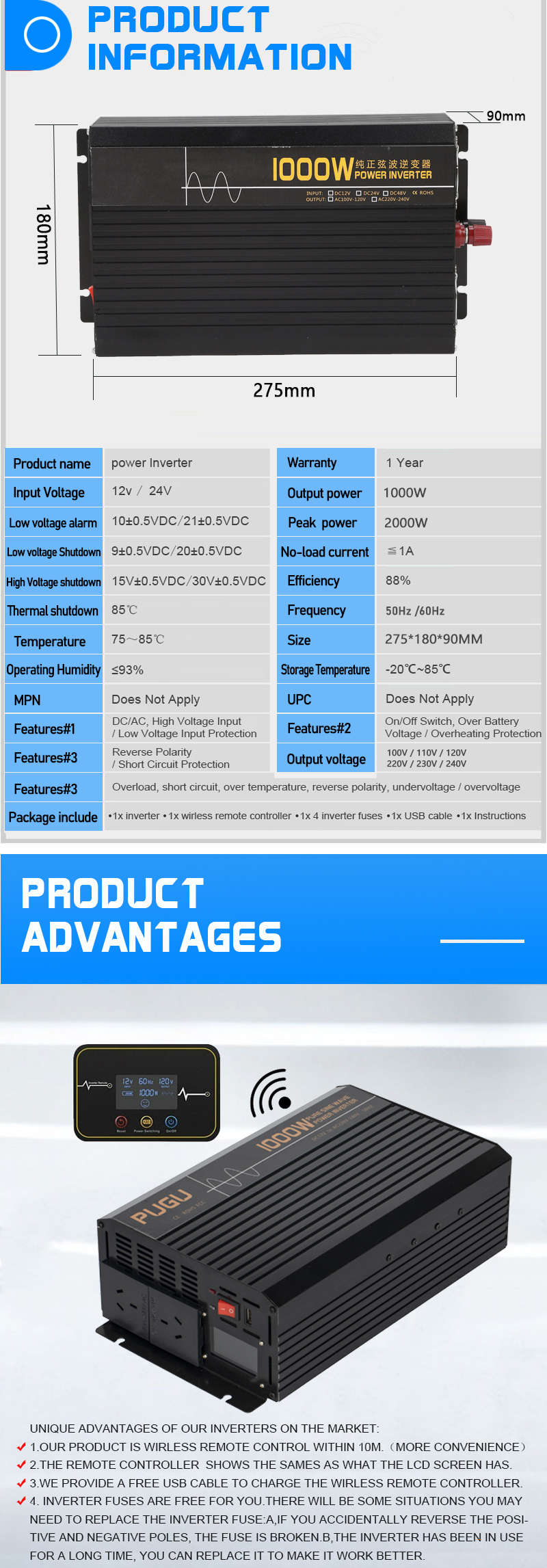 1000W 12V/24V/48V DC to AC 110V/220V off Grid Power Inverter