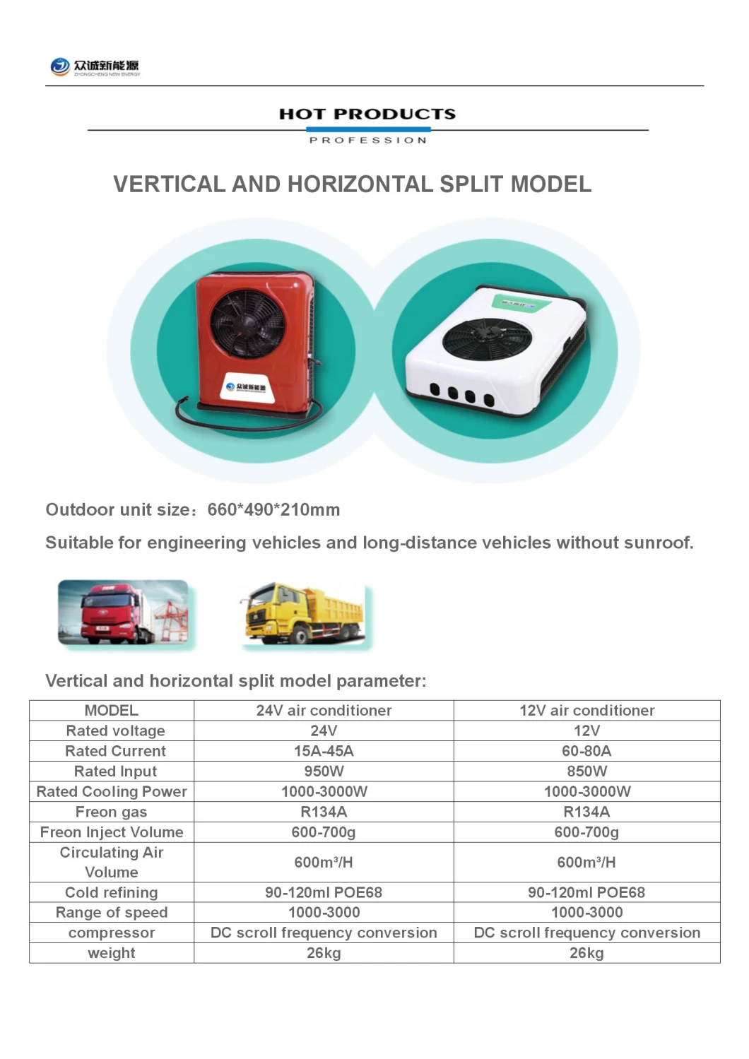 DC Compressor Truck Parking Air Conditioner 12V/24V