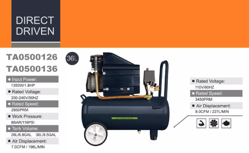 36L 1.8HP 8bar Ta0500136 Electric Air Compressor Silent Air Compressor Oil-Free Compressor