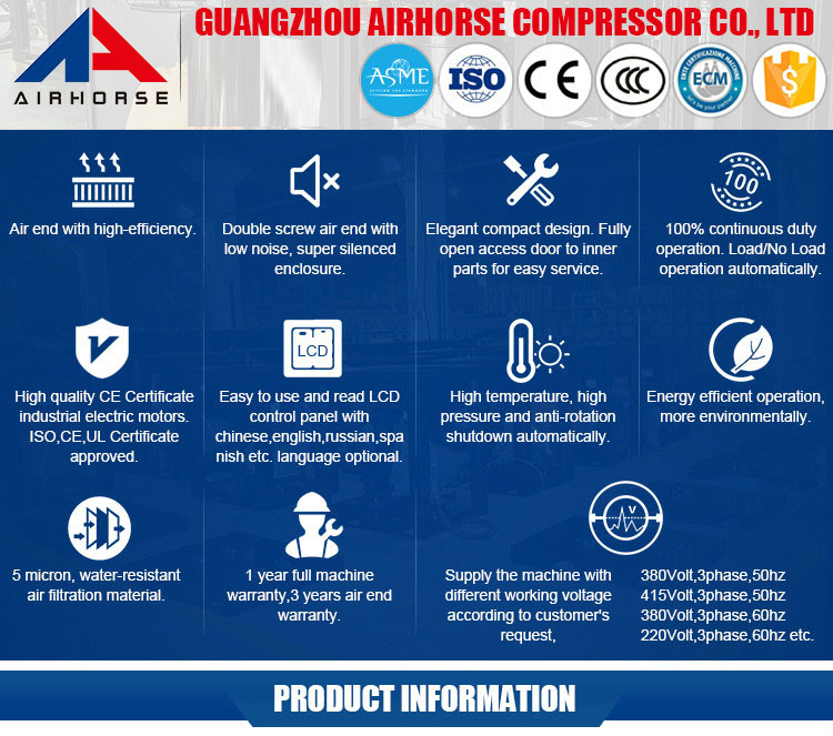 Airhorse Factory Inverter Compressor 11kw/15HP Air Compressor Screw Oilless Compressors