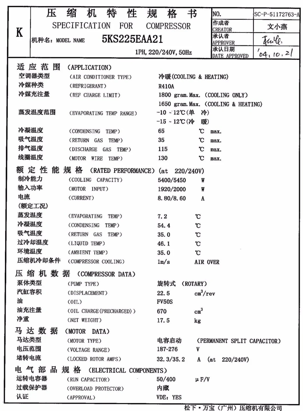 Panasonic Air Conditioner Rotary Compressor (R410A /220V-240V/ 50Hz)