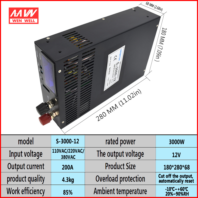 S-3000-24V Adjustable Voltage High DC LED Switching Power Supply 3000W AC to DC 24