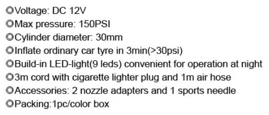 DC 12V 150psi Car Air Compressor Tyre Inflator