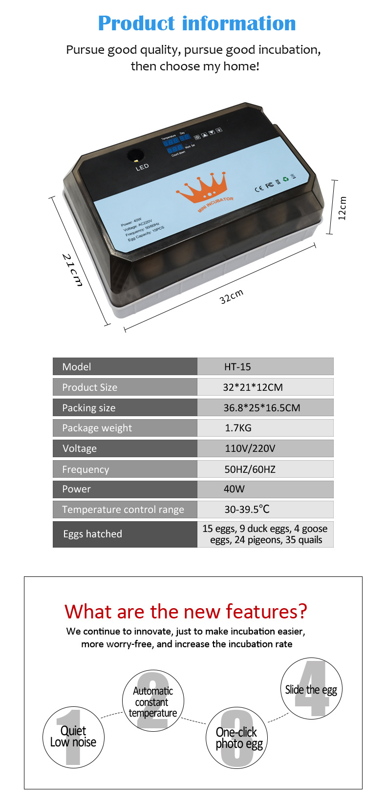 New Design Multi-Function Automatic 15 Chicken Mini Egg Incubator