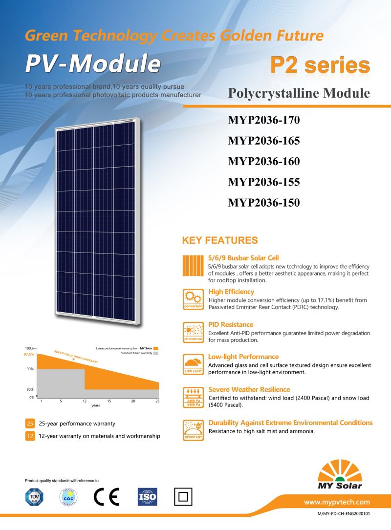 My Solar High Efficiency 170W Mono Solar Panel Manufactory with TUV&Ce&ISO Certificates