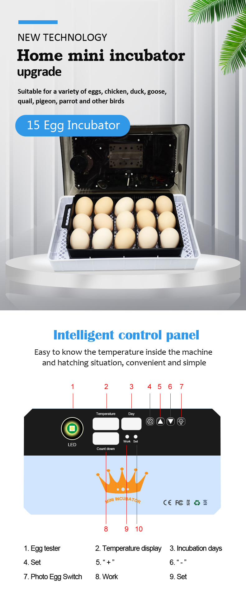 New Design Multi-Function Automatic 15 Chicken Mini Egg Incubator