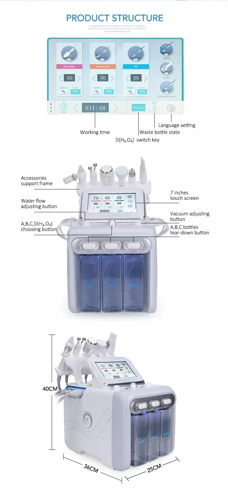 Ultrasonic Peeling LED PDT Hydra Oxygen Facial Aesthetic Appliance Equipment H202 Beauty Cleaning Device