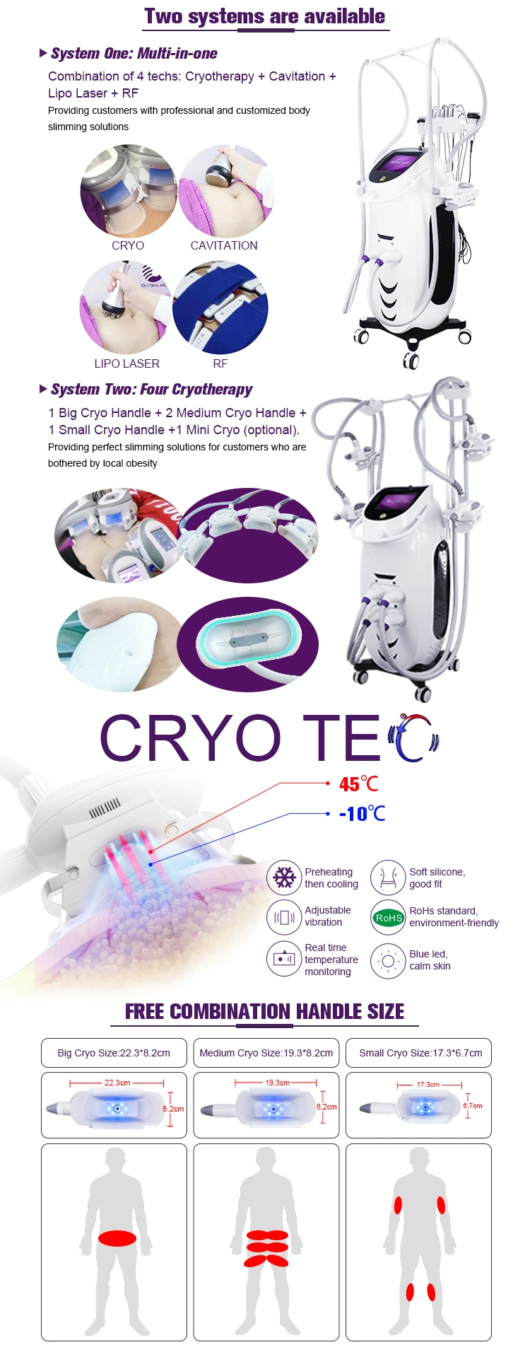 4 Silicon Cryo Handle Fat Reduction Cryo System Vacuum Cavitation Cryo Slimming Machine for SPA